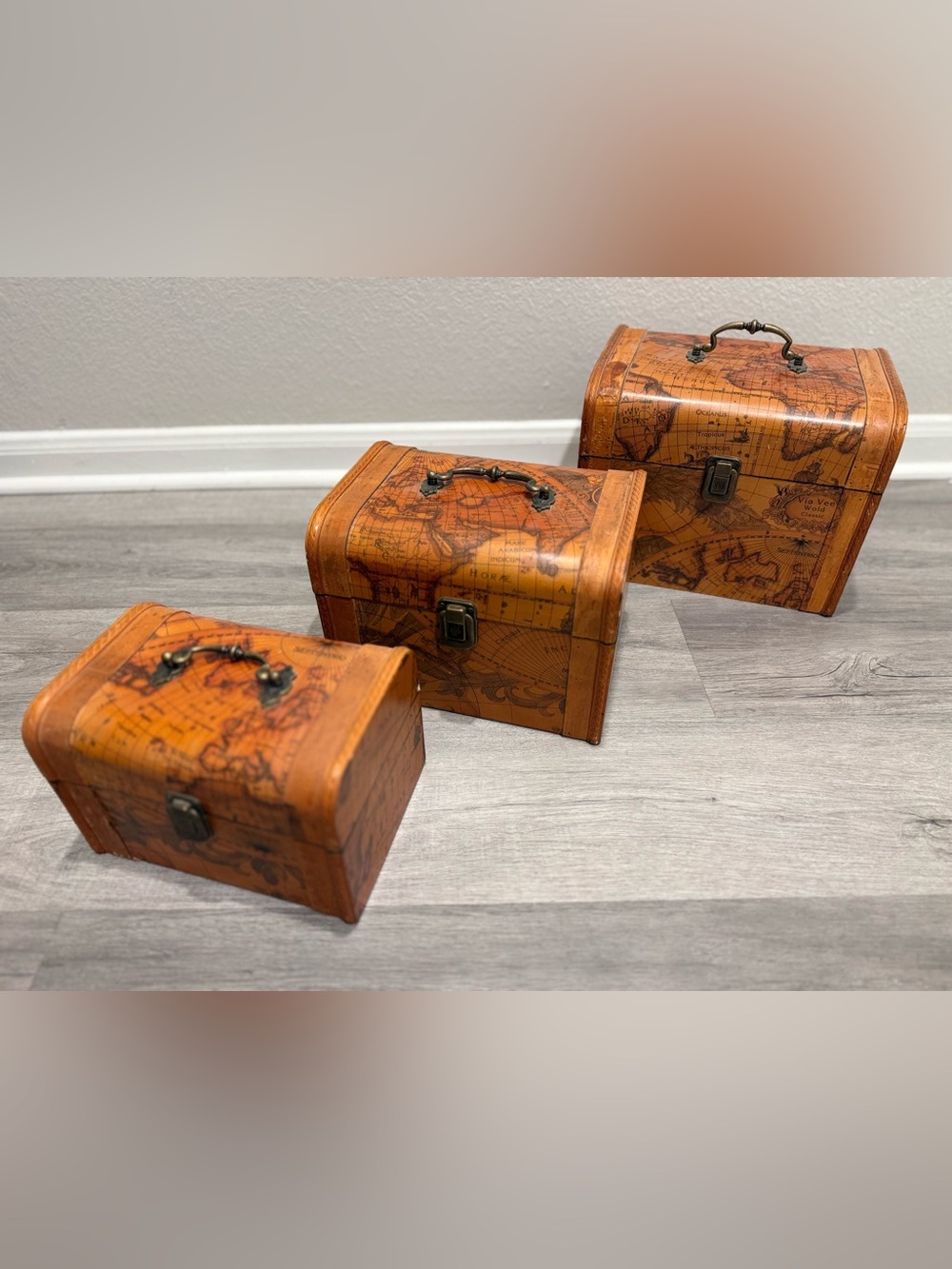 Set of 3 Wooden Treasure Chest Boxes Vintage Map Print Decorative Hinged